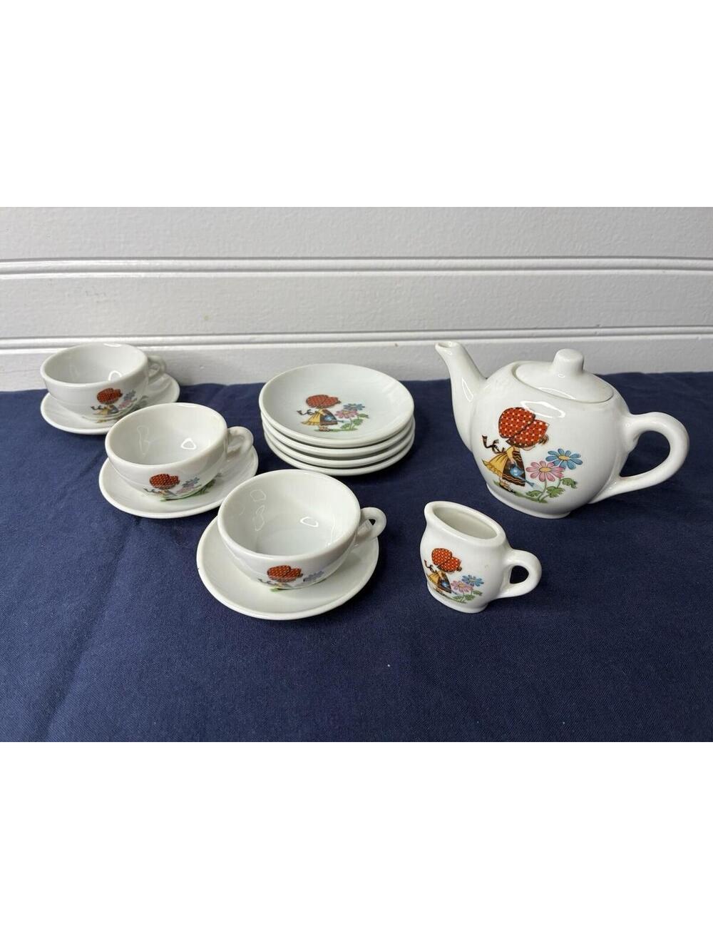 Vintage Miniature Toy Teaset - Girl with Bonnet Watering Flowers - Made in Japan